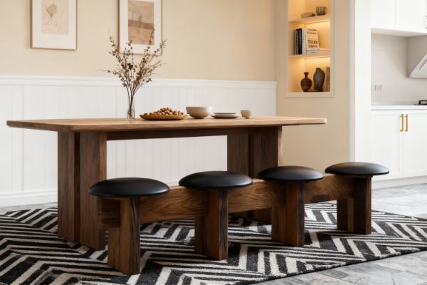 Picture of TIMBERA Solid Reclaimed Oak Wood Frame Dining Bench with Genuine Leather Seats (227x49cm)