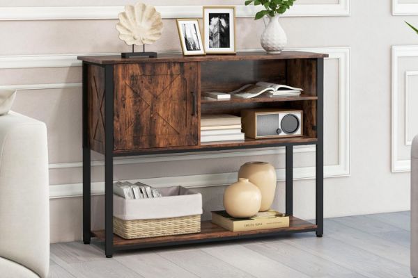 Picture of BESTIER Console Table with Storage Cabinet and Shelves (Brown)