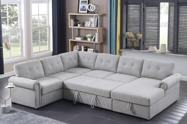Picture of MERITON Sectional Sofa/Pull-Out Sofa Bed with Storage Chaise (Light Grey)