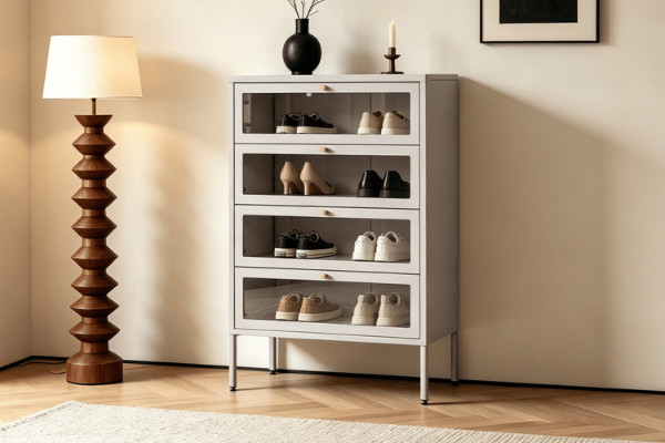 Picture of STARK Steel Frame 4-Door Transparent Glass Shoe Cabinet (Cream) 