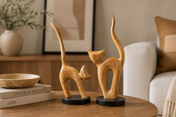 Picture of 650-048 Solid Teak Wood Cat Decorative Sculptures - Set of 2 (H38 & 40cm)