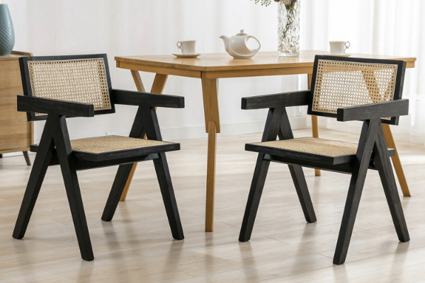 Picture of CHANDIGARH Solid Rubber Wood with Real Rattan Arm Chair (Black)  - Set of 2