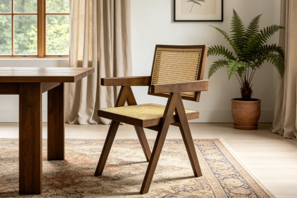 Picture of CHANDIGARH Solid Rubber Wood with Real Rattan Arm Chair (Walnut)