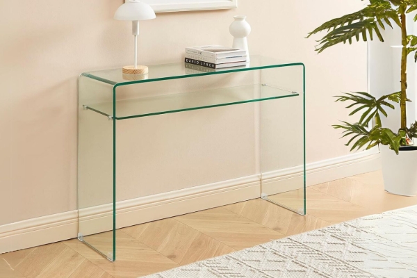 Picture of [FLOOR MODEL CLEARANCE] MURANO 110 Bent Glass Console Table with Shelf